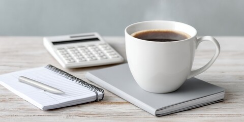 Aufkleber - Professional Morning Budget Planning with Coffee and Calculator Modern Personal Finance Tracking for Millennial Lifestyle Marketing and Social Media Content