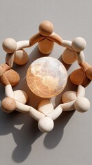 Aufkleber - Premium Modern Wooden Figures Circle with Glowing Earth Model Symbolizing Global Unity and Collaboration for Professional Business Marketing Campaigns