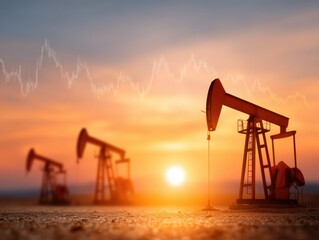 Aufkleber - Premium Oil Pumpjacks at Sunrise with Financial Graph Overlay Modern Energy Industry Content for Corporate Marketing and Inspiring Business Campaigns