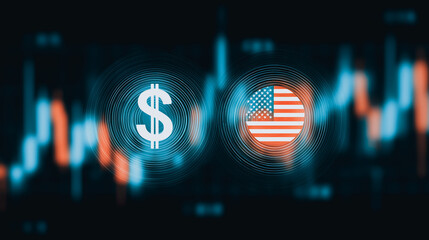 Poster - Dollar and USA currency exchange in economic context: A futuristic digital depiction of the currency symbol against the backdrop of a stock market chart suggests economic dynamics. 