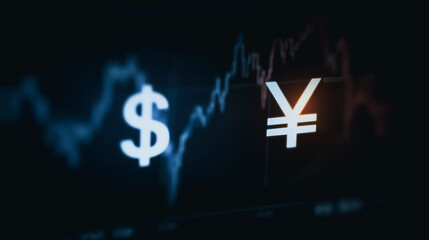 Poster - Foreign Exchange Dynamics: A close-up shot showcasing the US dollar and Japanese yen symbols, positioned against a backdrop of fluctuating financial market trends.