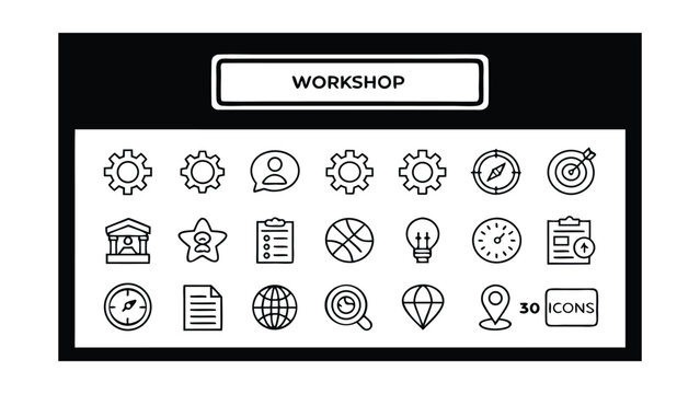 Diverse collection of thirty black line icons on white background graphic symbol