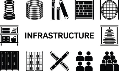 Poster - Black and White Infrastructure Icons Set Shelving Pipes People