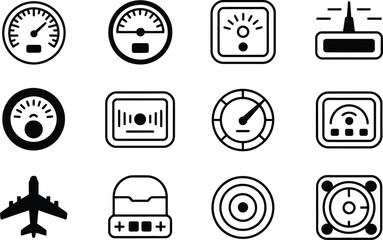 Poster - Black and White Airplane Cockpit Instrument Icons Set