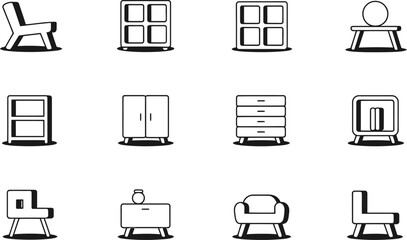 Poster - Black and White Furniture Icons Set Simple Line Art Style