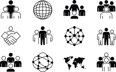 Poster - Black and White Global Teamwork Icons Set group people