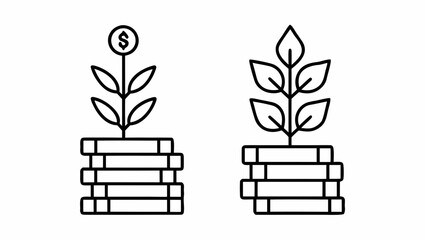 Poster - Two stylized plants growing from stacks of coins one with a dollar sign isolated on white background