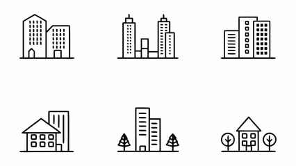 Poster - Collection of simplified line art building icons representing city and residential architecture isolated on white background