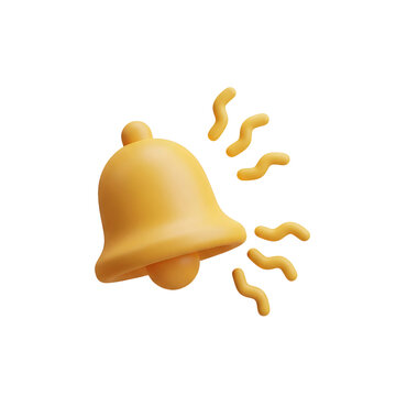 Isolated yellow notification bell with sound waves emanating from it in a digital rendering on transparent background