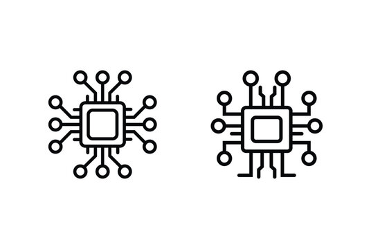 Two stylized computer chip icons with radiating connections isolated on white background