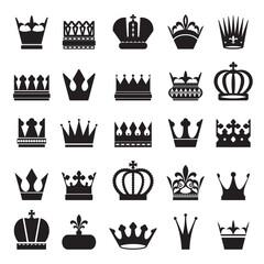 Poster - Array of diverse black and white crown vector graphics on a white background