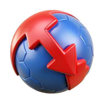 Abstract 3d rendering of a blue soccer ball with red arrows indicating movement or cycle isolated on transparent background