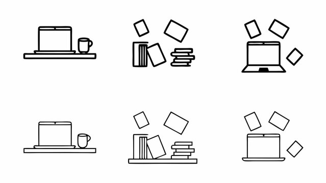 Collection of six simple line art icons representing study and work setups isolated on white background