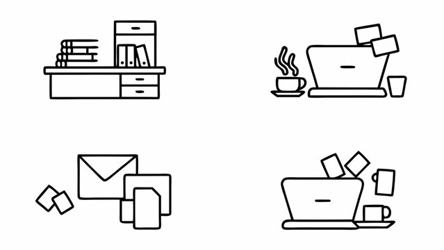 Collection of office desk and computer icons isolated on white background