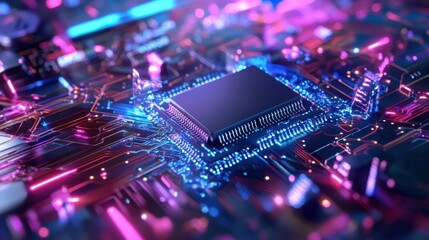 Fototapete - Glowing computer chip on vibrant circuit board at nighttime