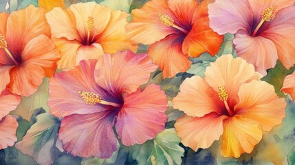 Poster - Vibrant hibiscus flowers in colorful garden setting