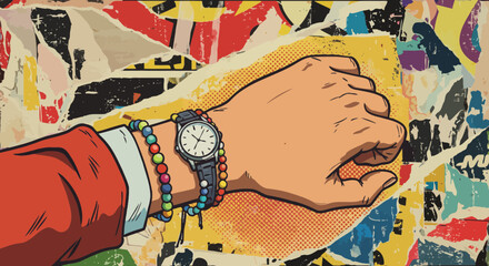 Poster - Pop Art Illustration of a Stylish Wrist with Watch and Bracelet Against Textured Background