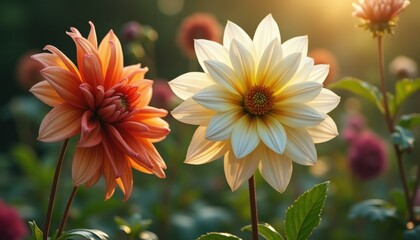 Poster - Two blooming dahlias in serene garden setting