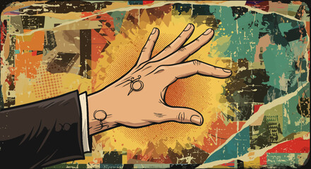 Poster - Cartoon Hand with Tattoos in an Abstract Background Style Illustration