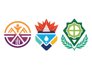 Poster - Three distinct colorful abstract logos representing community nature and industry isolated on white background
