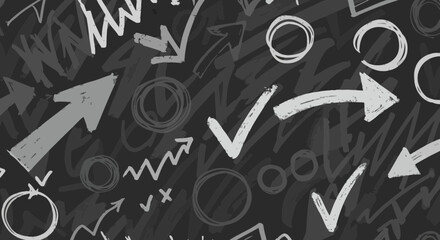 Poster - Seamless pattern with hand-drawn arrows circles and ticks on a dark background