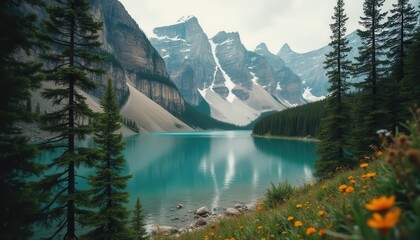 Poster - Majestic mountains reflecting in serene lake surrounded by trees