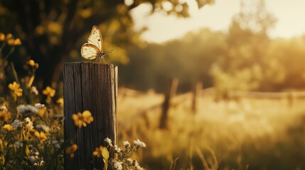 Poster - Butterfly resting on wooden post amidst wildflowers at sunset
