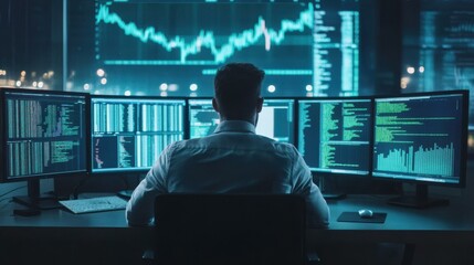 Aufkleber - Caucasian man working late at computer in office with code