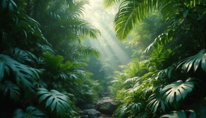 Poster - Sunlight filtering through lush tropical rainforest plants