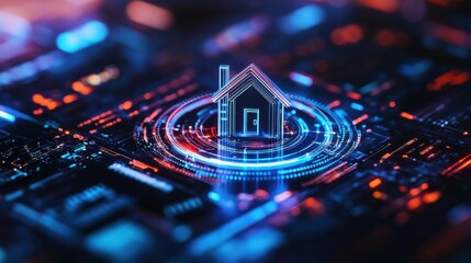 Fototapete - Illuminated digital house in futuristic technological environment
