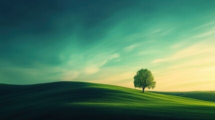 Poster - Lone tree standing in serene grassy field at sunset
