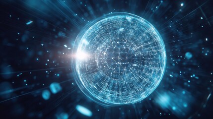 Fototapete - Glowing sphere rotating in abstract digital space at nighttime