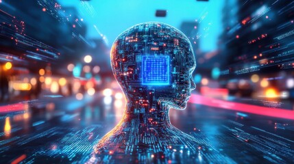 Poster - Artificial intelligence head in urban night setting
