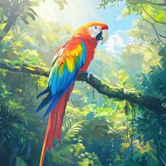 Aufkleber - Vibrant macaw perched on a branch in tropical rainforest