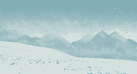Poster - Halftone textured winter landscape with mountains in the distance, soft blue tones