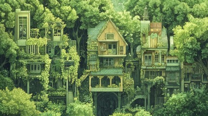 Poster - Overgrown buildings in serene forest setting during daytime