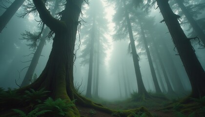 Poster - Misty forest with moss-covered trees and ferns in daylight