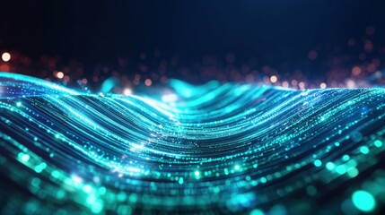 Fototapete - Abstract teal and blue light waves in digital environment