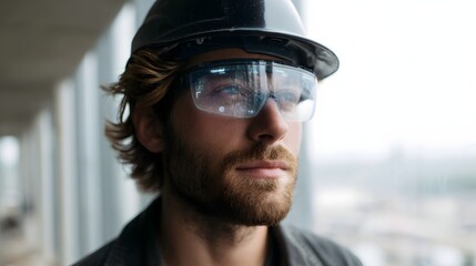 Poster - Worker wearing smart helmet with HUD interface displaying building data