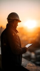 Poster - Construction engineer reviewing site plans on digital tablet