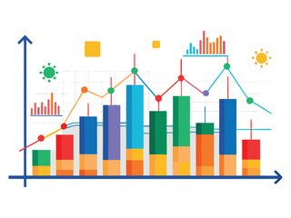 Poster - Colorful business growth chart with line graph and bar graph elements isolated on white background
