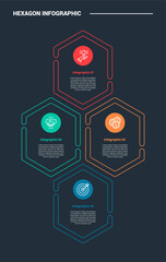 Aufkleber - hexagon base shape infographic process diagram with vertical standing structure with dark background bright outline style