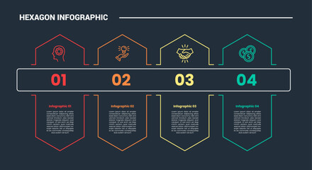 Aufkleber - hexagon base shape infographic process diagram with hexagonal shape with big rectangle through with dark background bright outline style