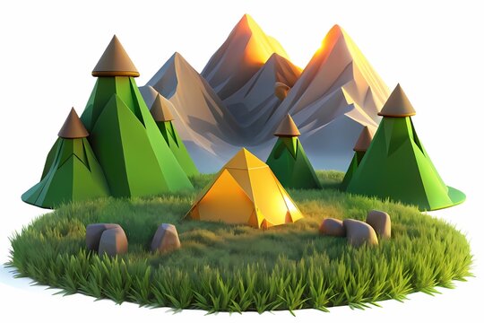 Beautiful Low-Poly Camping Scene With Mountains and Trees in Colorful Style