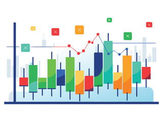 Poster - Colorful candlestick chart with trend lines and x marks isolated on white background
