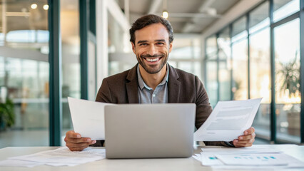 Poster - A smiling businessman in a modern office reviews documents while working on a laptop, projecting confidence and productivity.