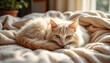 © Nay - A long haired feline rests serenely upon a plush blanket, its fur a cascade of soft, creamy tones that blend seamlessly with the gentle folds beneath