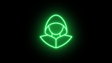Poster - Neon hacker icon, flickering emergence and fading. Glowing neon cyber thief icon, looped animation. Hacker with hood, scammer, data theft, hacking account, internet scam. Yellow green orange colors