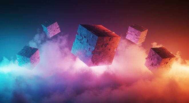 Mystical geometric stone cubes levitating amidst ethereal clouds with vibrant color gradients