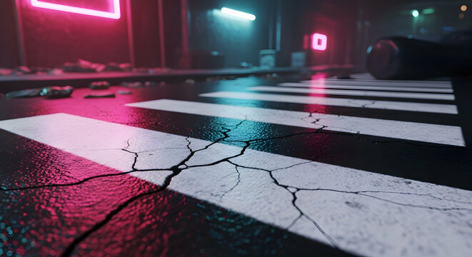 Urban Crossing Reflections Neon Hues and Cracked Surface Nightscape Cityscape